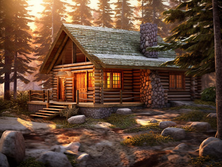 Wooden log cabin in the forest at sunset. 3d renderingの素材