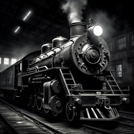 Steam locomotive at the station. Black and white image. Retro style.の素材