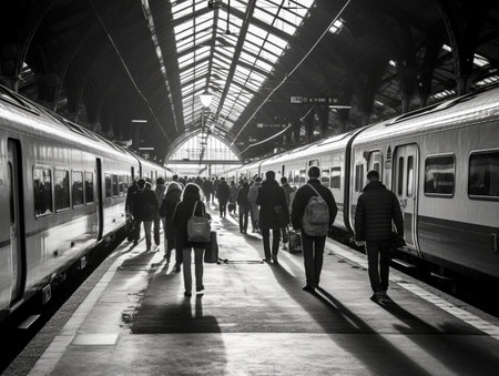 Train station in Prague, Czech Republic. Black and white photo.の素材