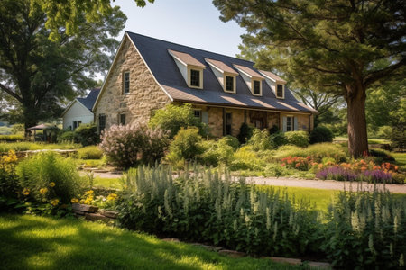 Beautiful landscaped garden with stone house and green trees on backgroundの素材