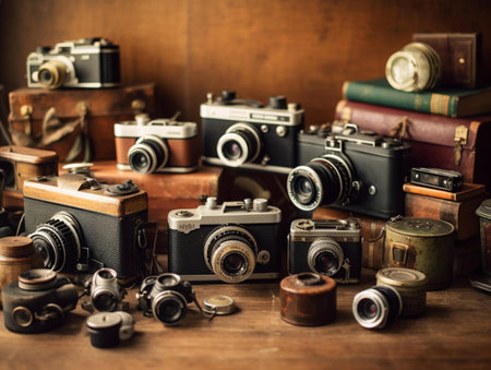 Vintage camera and other old items on a wooden table. Selective focus.の素材