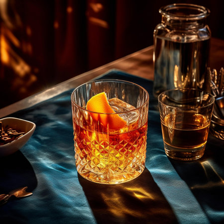 Glass of whiskey with ice and orange slice on a blue tableclothの素材