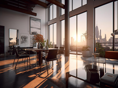 Interior of modern dining room with a panoramic window overlooking the New York City. 3d renderingの素材