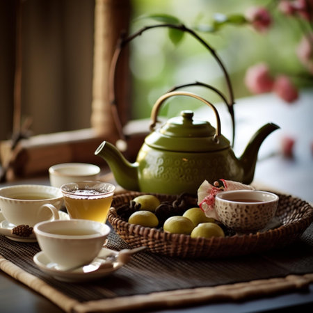 Tea set on the table in the garden. Selective focus.の素材