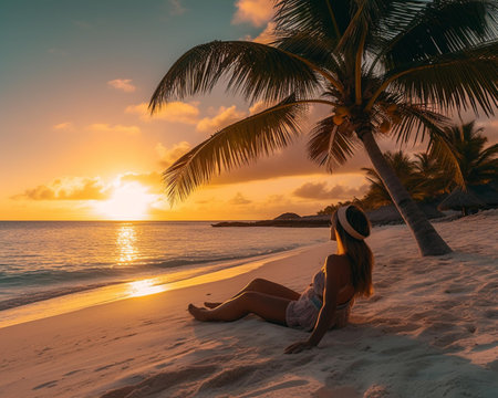Beautiful woman relaxing on tropical beach at Maldives at sunset timeの素材