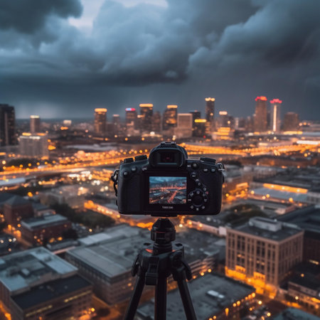Camera on tripod taking photo of cityscape at night, cloudy skyの素材