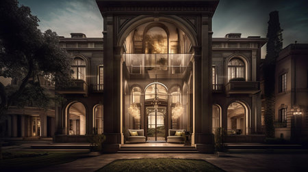 Luxury house in Victorian style at night. 3D renderingの素材