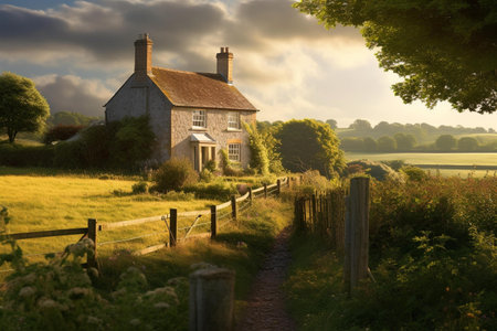 Sunset over a cottage in the middle of a meadow.の素材