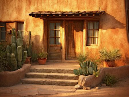 Old house with cacti and succulents in the desertの素材