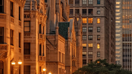 Facade of New York City buildings at sunset.の素材