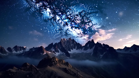 Fantastic starry sky over mountains. 3d rendering.の素材