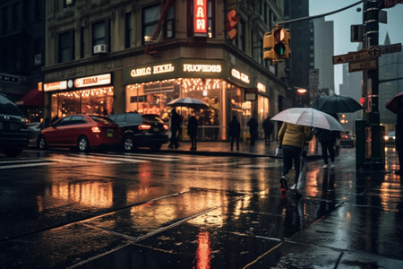 People walking on a rainy street in New York City.の素材
