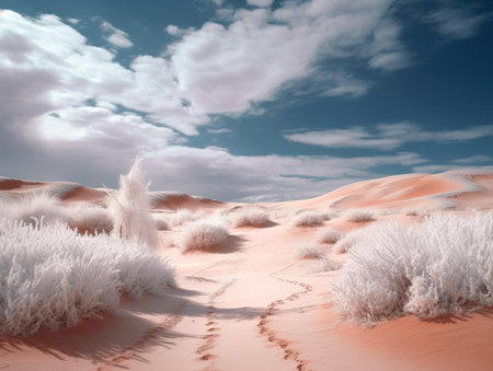 Desert landscape with sand dunes and blue sky. 3d renderingの素材