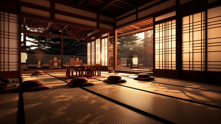3D render of a japanese room in the night.の素材