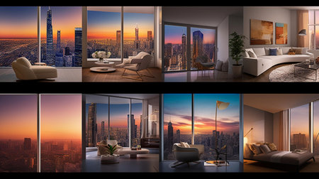 3d render of modern living room interior with a view of the cityの素材