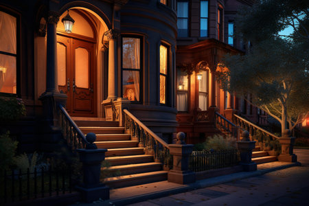 Night view of a row houses in Boston, Massachusetts, USA.の素材