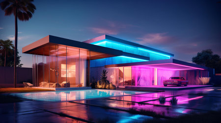 3d rendering of a modern house with pool and lights at nightの素材