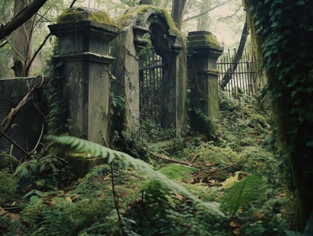 Abandoned cemetery in the misty forest with trees and fernsの素材