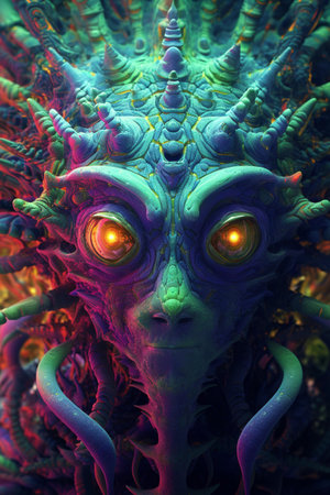 Fantasy alien face. 3D surreal illustration. Sacred geometry. Mysterious psychedelic relaxation pattern. Fractal abstract texture. Digital artwork graphic astrology magicの素材