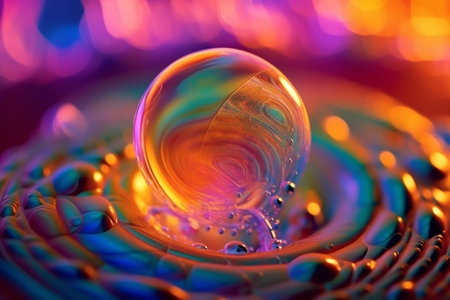 Macro shot of a water drop with multicolored reflections.の素材
