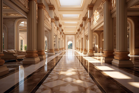 Interior of an old building with columns and arches, 3d renderの素材