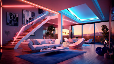 Interior of a modern living room with a beautiful view of the cityの素材