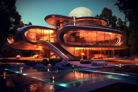 3d render of modern building with swimming pool at night time.の素材
