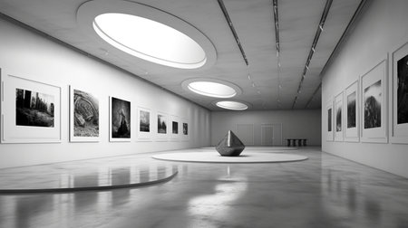 3D rendering of the interior of an art gallery with white wallsの素材
