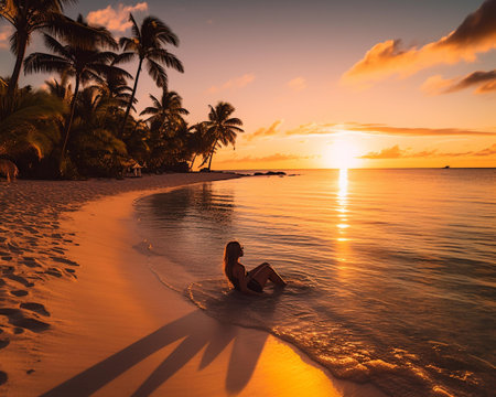 Silhouette of a woman sitting on the beach at sunset.の素材
