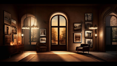 Interior of a room with a large window and an armchairの素材