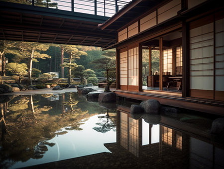 Japanese garden with pond and japanese style house in Kyoto, Japanの素材