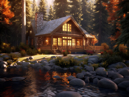 3D render of a wooden house in the forest with reflection in the waterの素材