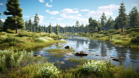 Beautiful summer landscape with a river in the forest. 3d renderingの素材