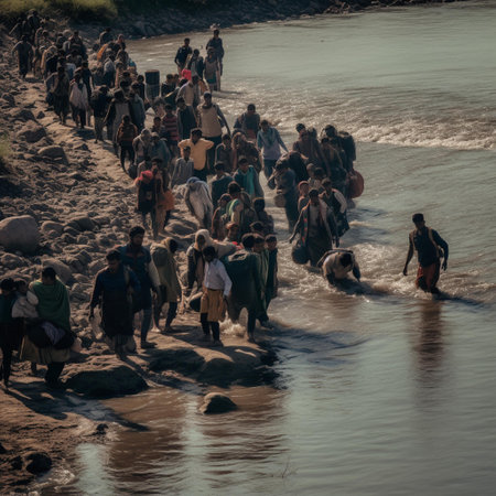Crowds of people walking on the beach during the day.の素材