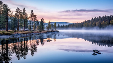 Sunrise over a lake with fog in the foreground and trees in the backgroundの素材