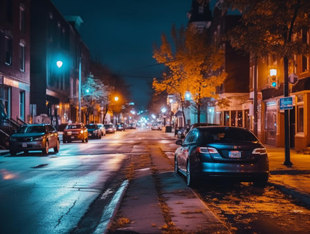 Car on the street at night in Philadelphia, Pennsylvania, United States.の素材