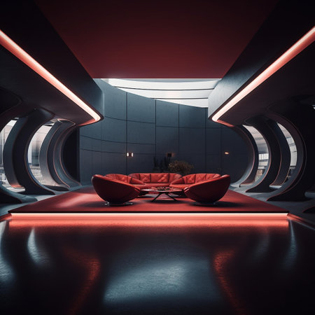 Interior of modern office waiting room with red armchairs on the floor. 3d renderingの素材