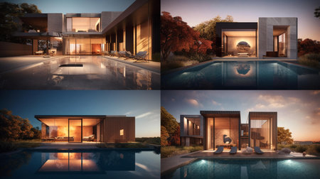 3d rendering of modern cozy house with pool and parking for sale or rent in luxurious style and beautiful landscaping on background. Collage of four photos.の素材