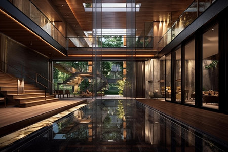 3d rendering of modern luxury house interior in the garden with swimming poolの素材