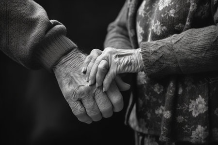 Black and white image of an elderly couple holding hands. Black and white photo.の素材