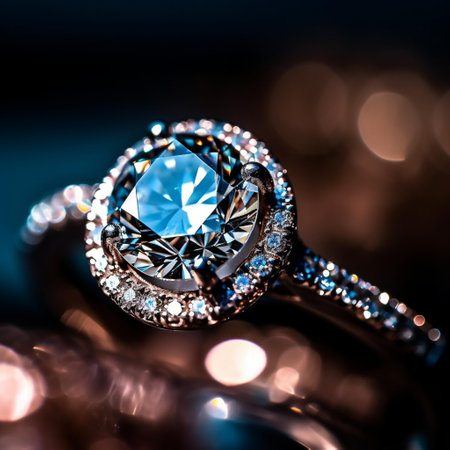 Jewelry ring with blue gemstone on bokeh backgroundの素材