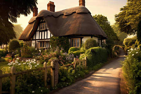 Beautiful cottage with thatched roof in the garden at sunset.の素材