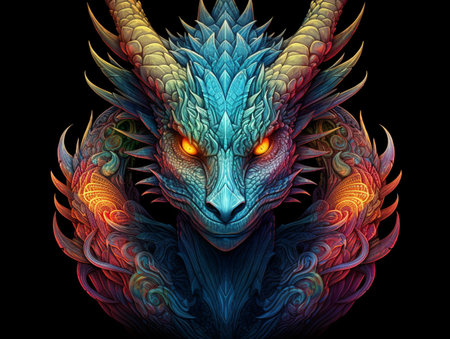 3D rendering of a fantasy dragon with multicolored feathers isolated on black backgroundの素材