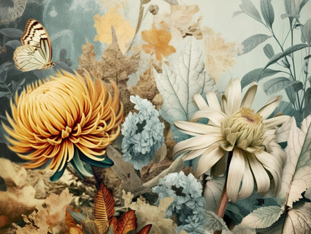 floral background with chrysanthemum flowers and butterfly.の素材