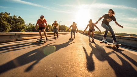 Skateboarders skateboarding on the bridge at sunset in summerの素材