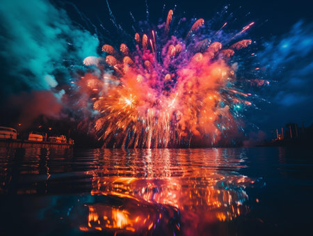 Colorful fireworks of various colors over night sky with reflection on waterの素材