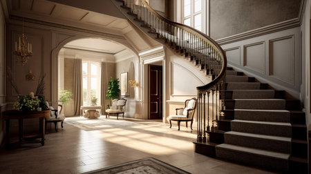 Luxury interior of a classic room with a staircase. 3d renderingの素材