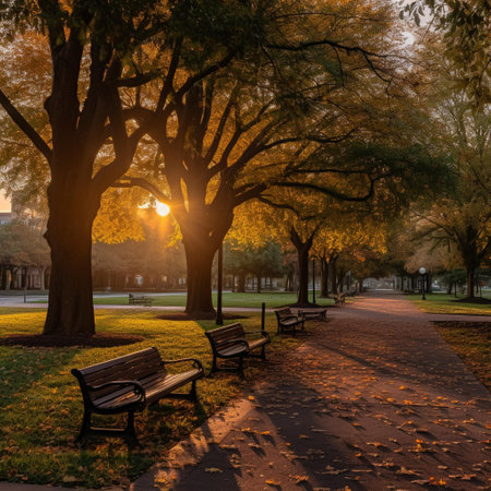 Sunset in the park with benches and trees in autumn colors.の素材