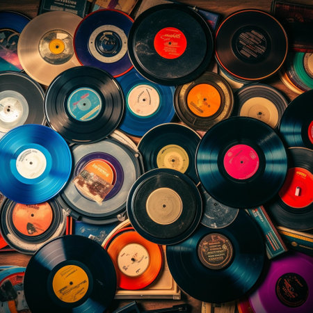 Vintage vinyl records on a wooden background. Retro style tonedの素材