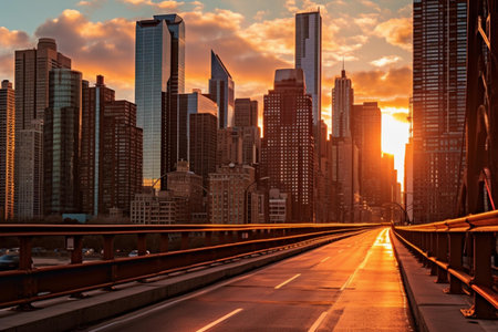 The Brooklyn Bridge and Manhattan skyline at sunset, New York City.の素材